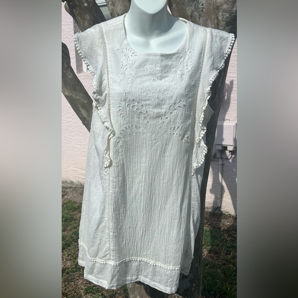 Moon River Womens Dress Large Cream Cotton Linen Blend Ruffle Embroidered